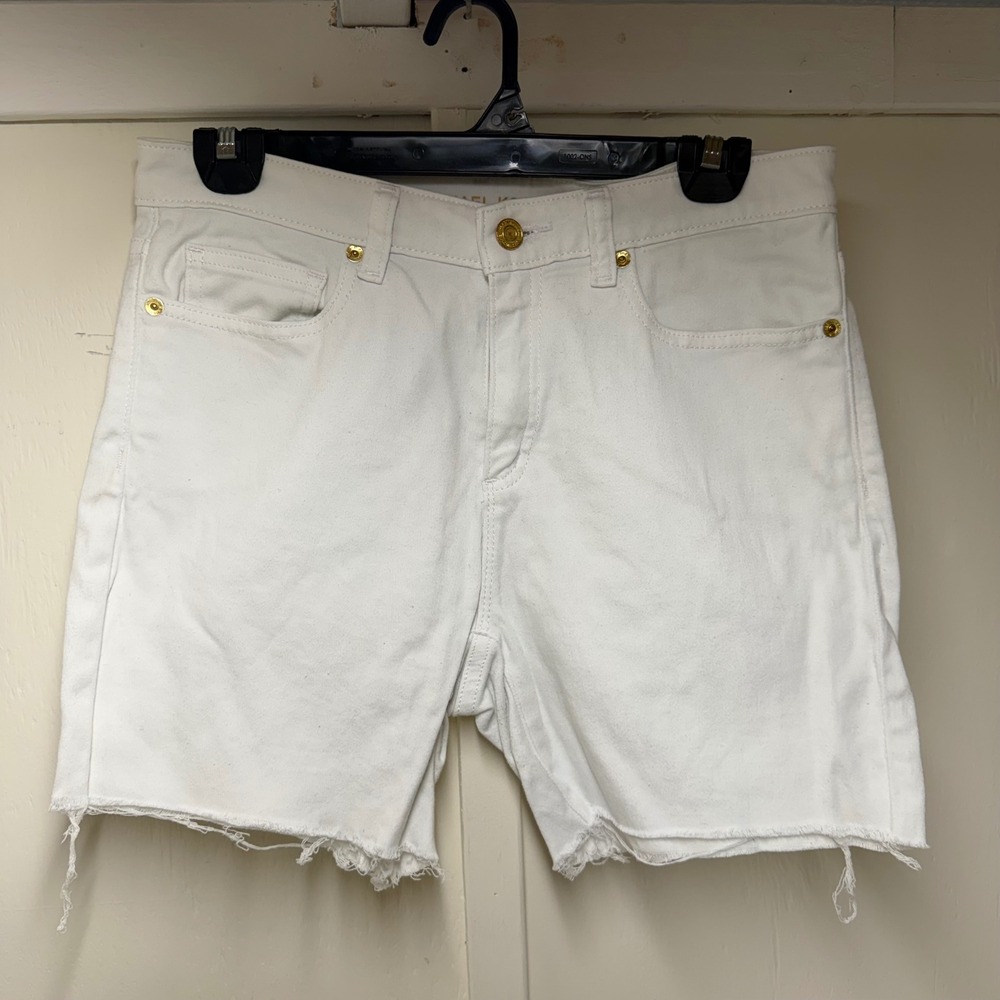 Michael Kors Izzy Skinny White Denim Cut Off Shorts Gold Hardware Size 8